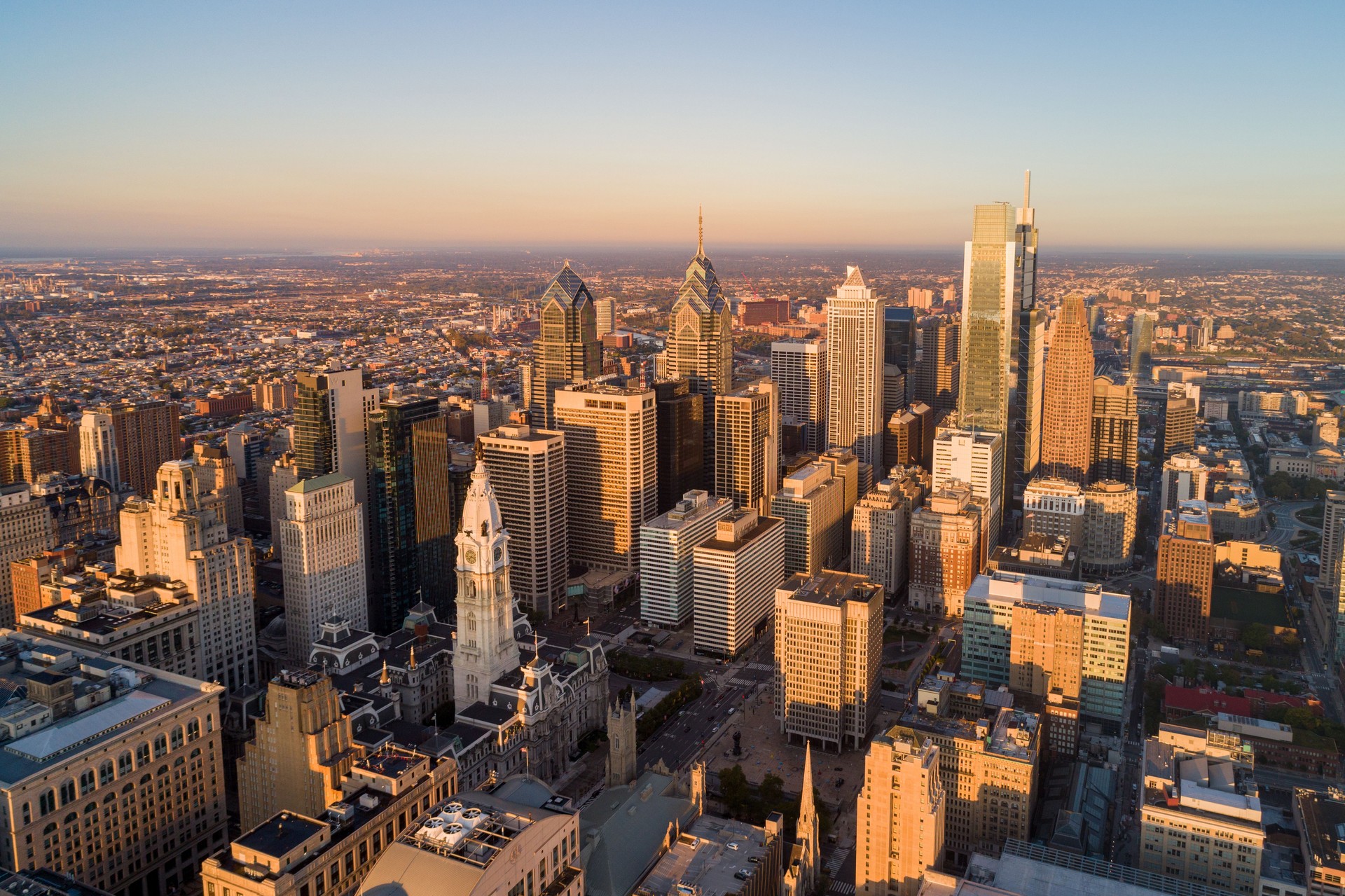 Top View of Downtown Skyline Philadelphia USA. Beautiful Sunset Skyline of Philadelphia City Center, Pennsylvania. Business Financial District and Skyscrapers in Background.
